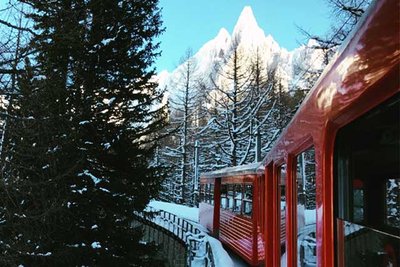 train climbing through a snowy forest